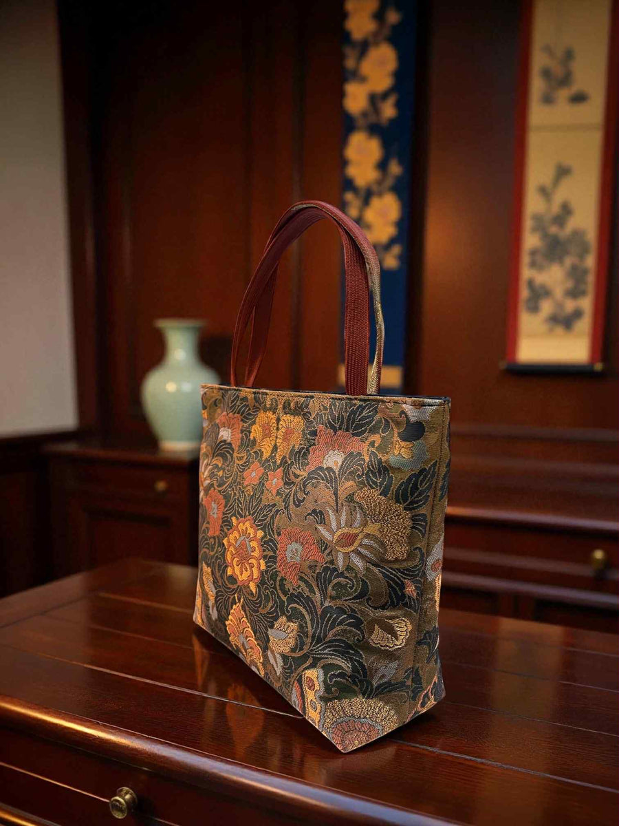 Japanese Kimono Handbag - Gold and Orange Pattern - Ochre Orange and Gold handle