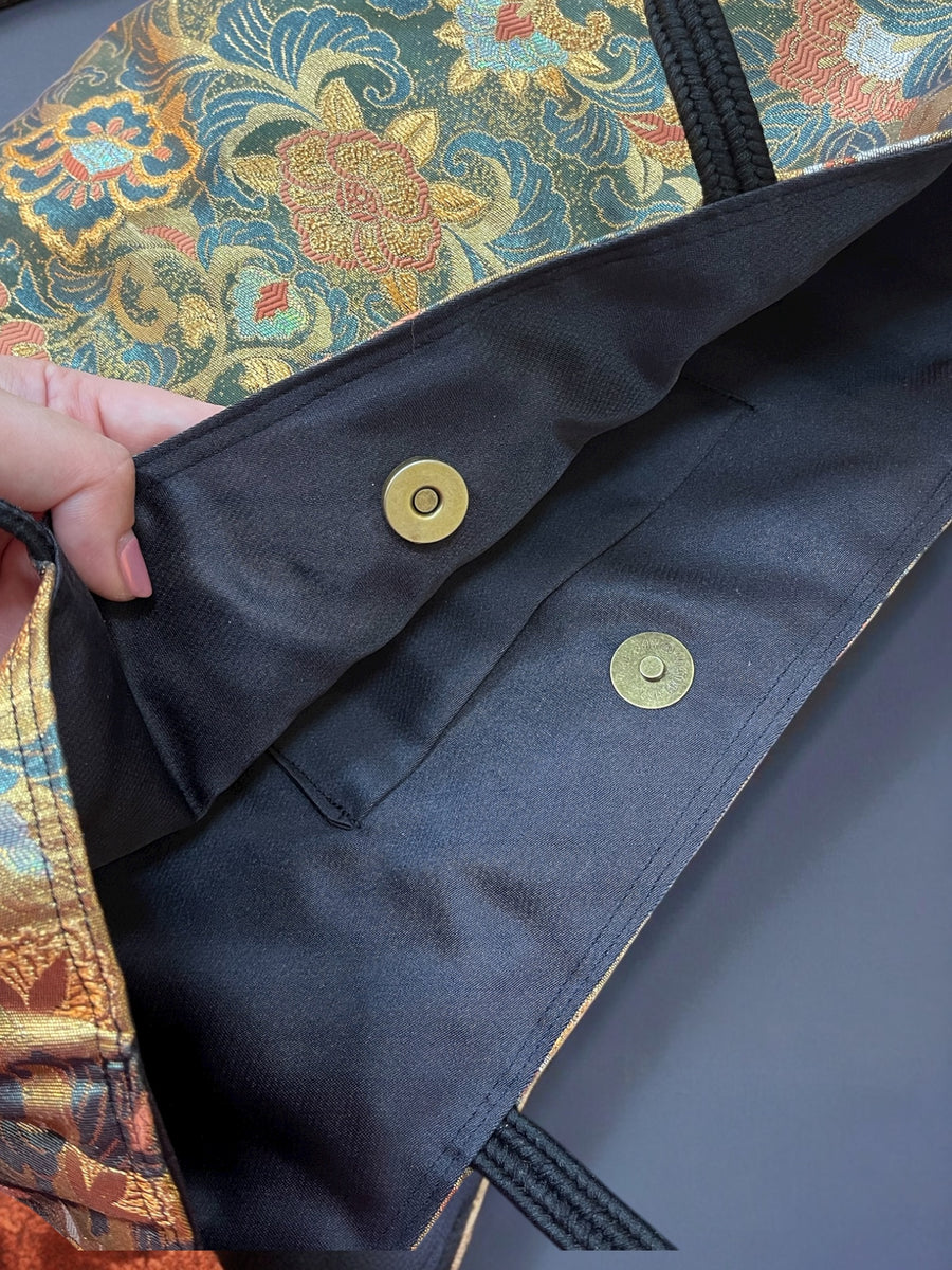Japanese Kimono Obi Tote Bag -  Gold and Orange Pattern - Black handle