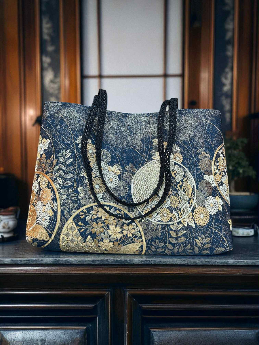 Japanese Kimono Obi Tote Bag -  Black and Gold Pattern - Black Handle