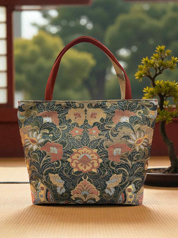 Japanese Kimono Handbag - Gold and Orange Pattern - Ochre Orange and Gold handle