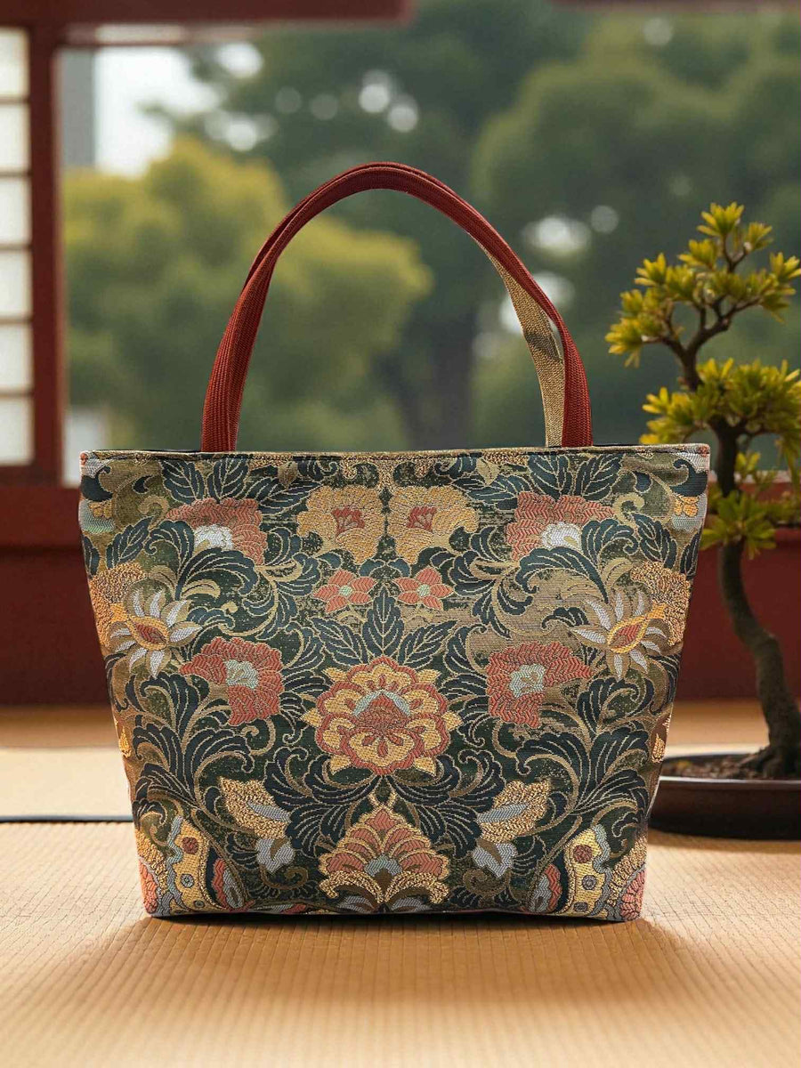 Japanese Kimono Handbag - Gold and Orange Pattern - Ochre Orange and Gold handle