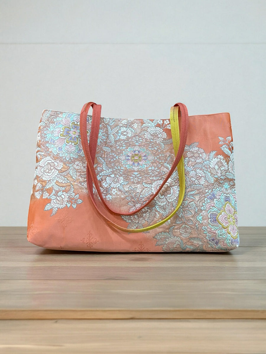 Japanese Kimono Obi Tote Bag -  Pink Floral - Coral Pink and Mustard Yellow Handle