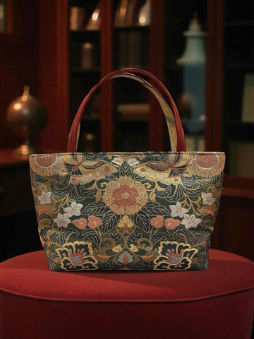 Japanese Kimono Handbag - Gold and Orange Pattern - Ochre Orange and Gold handle