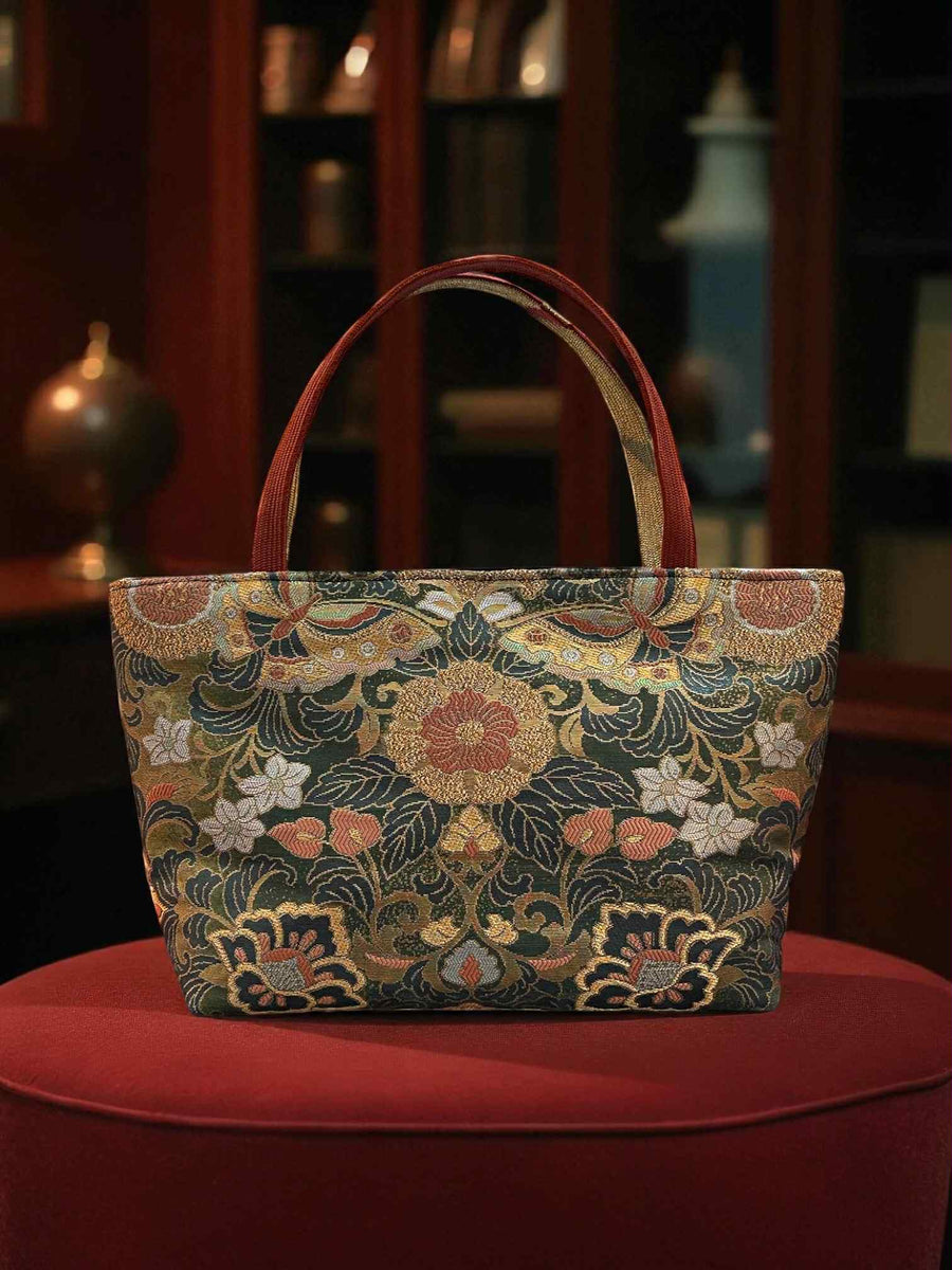 Japanese Kimono Handbag - Gold and Orange Pattern - Ochre Orange and Gold handle