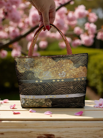 Japanese Kimono Handbag - Black Green and Gold Pattern - Burnt Orange Handle