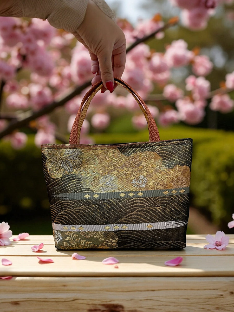 Japanese Kimono Handbag - Black Green and Gold Pattern - Burnt Orange Handle
