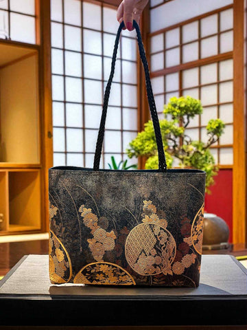 Japanese Kimono Obi Tote Bag -  Black and Gold Pattern - Black Handle