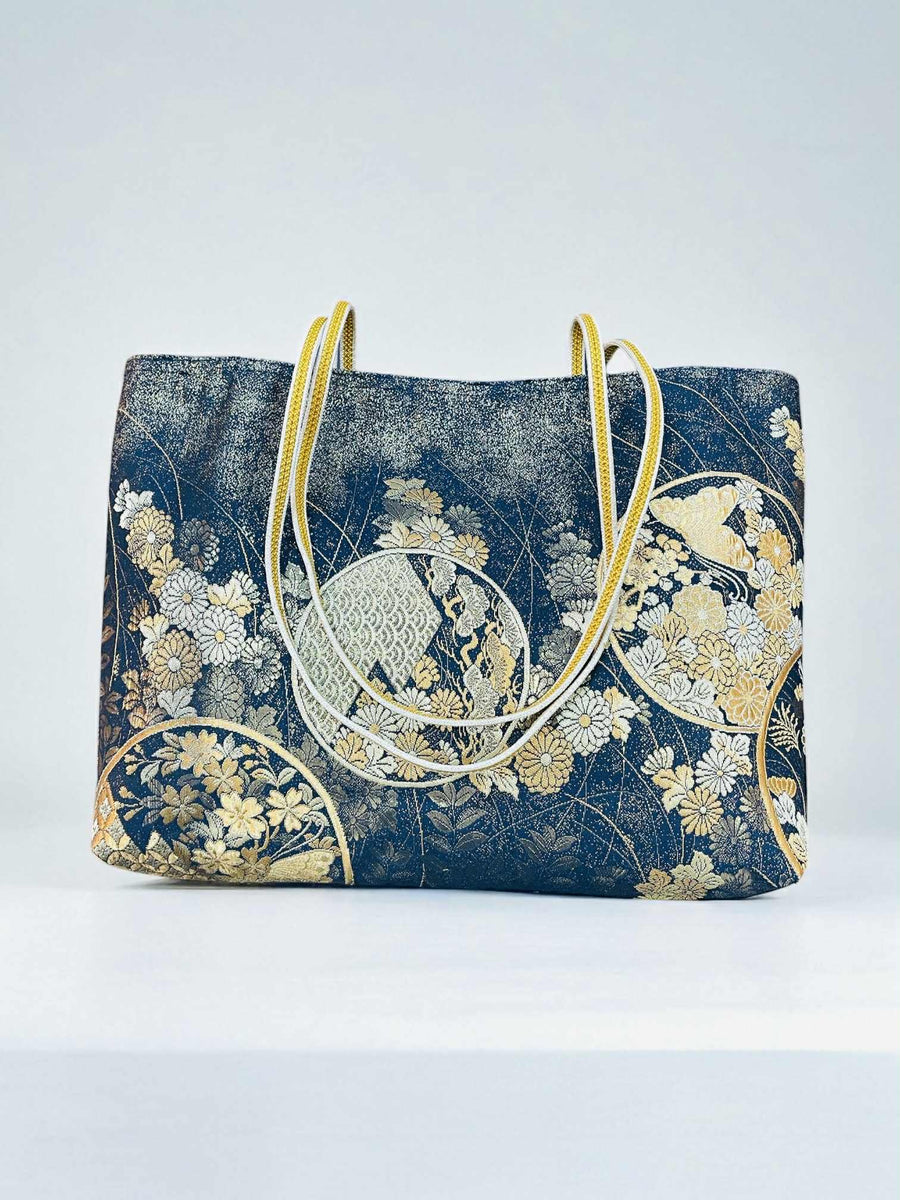 Japanese Kimono Obi Tote Bag -  Black and Gold Pattern - White and Gold Handle