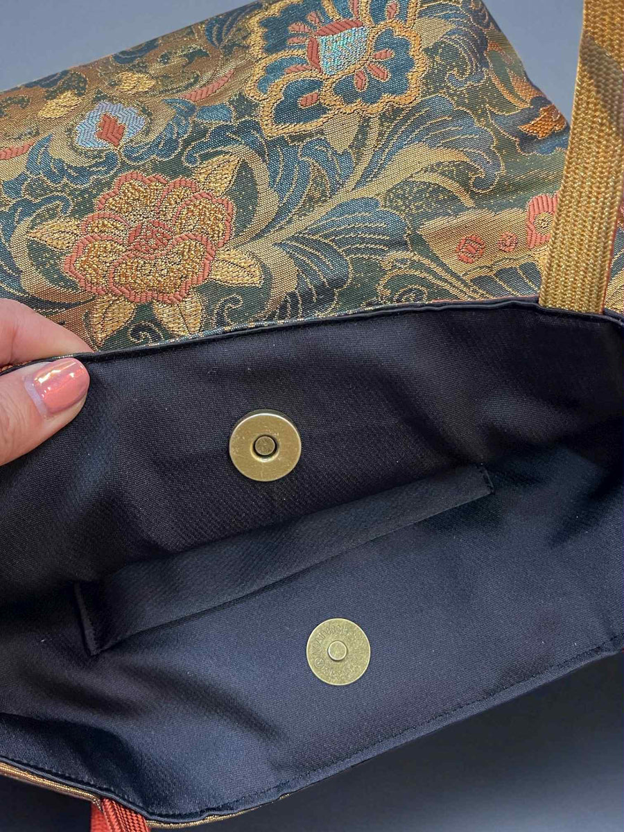 Japanese Kimono Handbag - Gold and Orange Pattern - Ochre Orange and Gold handle