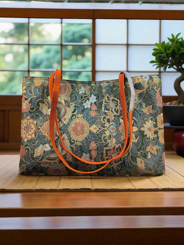 Japanese Kimono Obi Tote Bag -  Gold and Orange Pattern - Orange and Silver handle