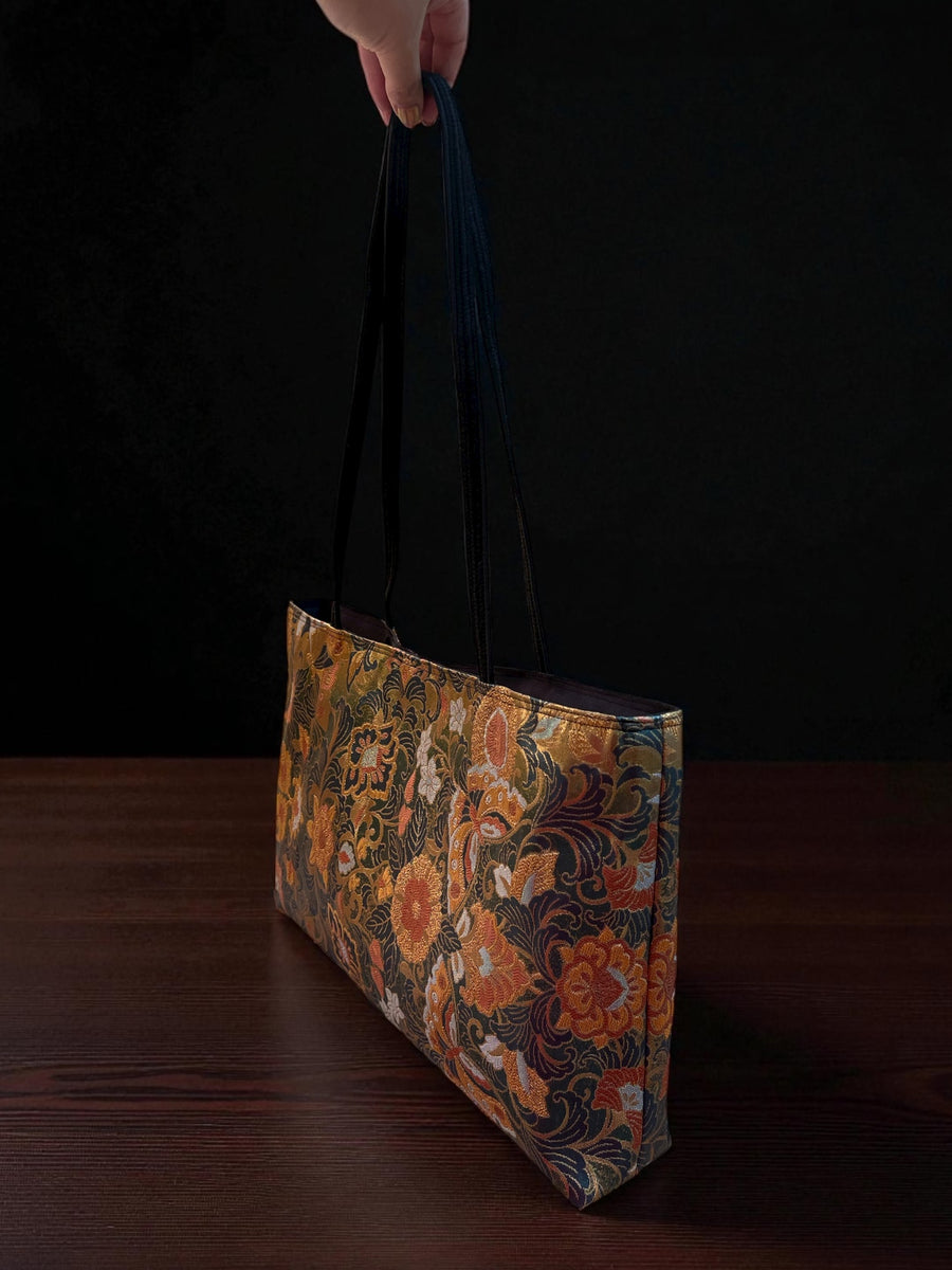 Japanese Kimono Obi Tote Bag -  Gold and Orange Pattern - Black handle