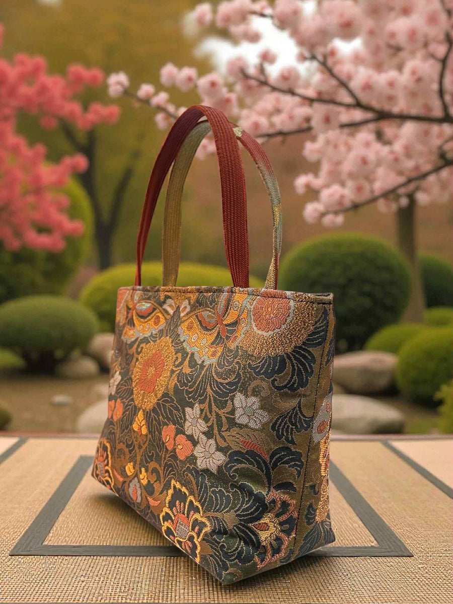 Japanese Kimono Handbag - Gold and Orange Pattern - Ochre Orange and Gold handle
