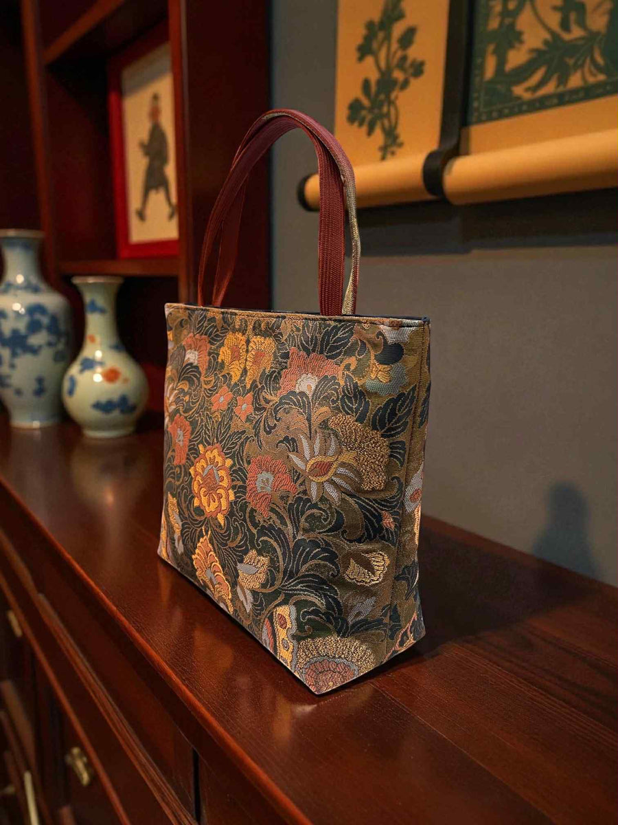 Japanese Kimono Handbag - Gold and Orange Pattern - Ochre Orange and Gold handle