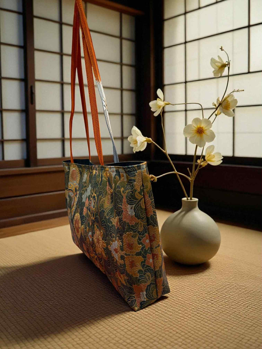 Japanese Kimono Obi Tote Bag -  Gold and Orange Pattern - Orange and Silver handle