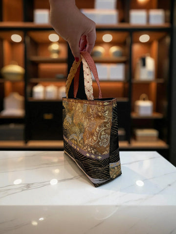 Japanese Kimono Handbag - Black Green and Gold Pattern - Burnt Orange Handle