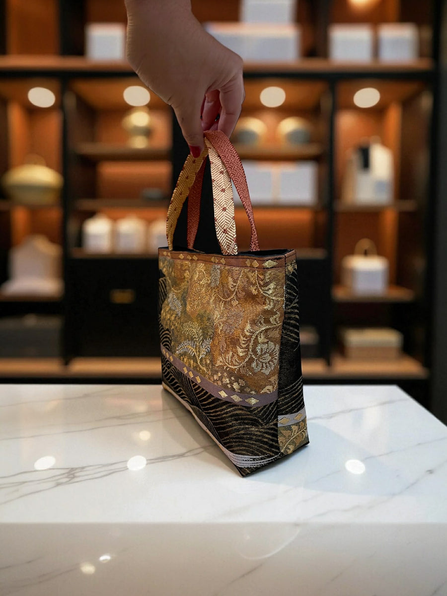 Japanese Kimono Handbag - Black Green and Gold Pattern - Burnt Orange Handle