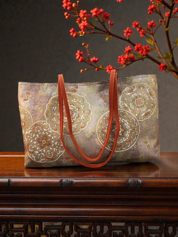 Japanese Kimono Obi Tote Bag -  Shimmer Celebrational Pattern - Orange handle