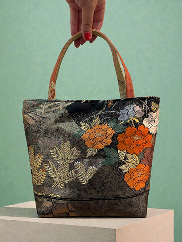 Japanese Kimono Handbag - Black and Gold Floral - Pink and Gold Handle