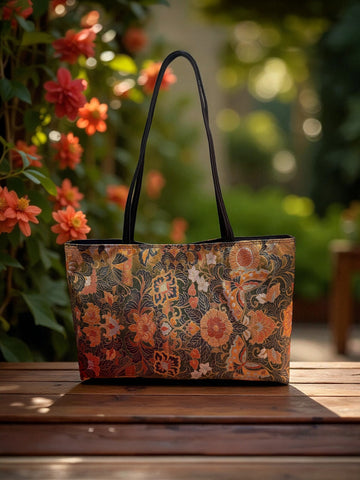 Japanese Kimono Obi Tote Bag -  Gold and Orange Pattern - Black handle