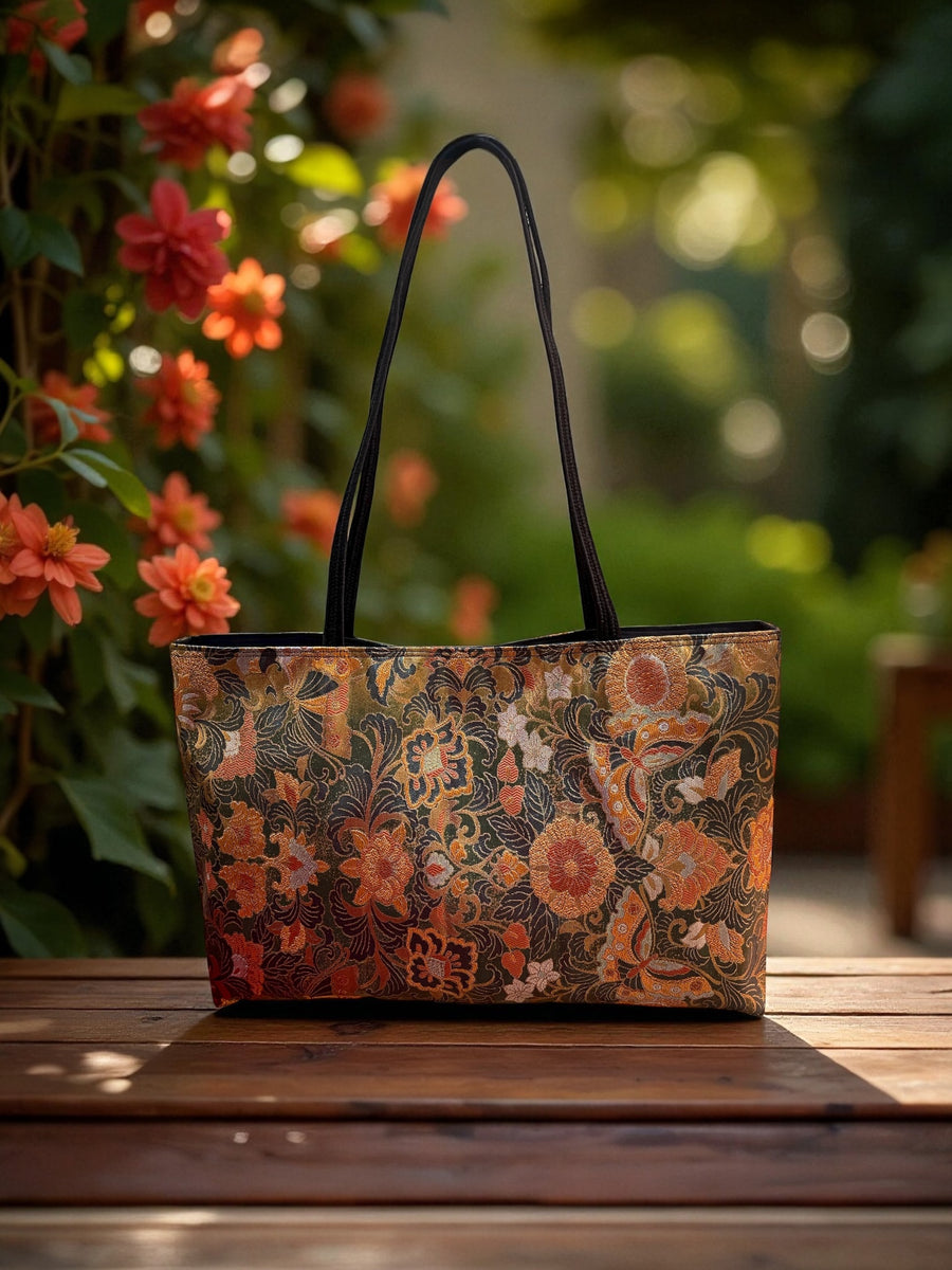 Japanese Kimono Obi Tote Bag -  Gold and Orange Pattern - Black handle