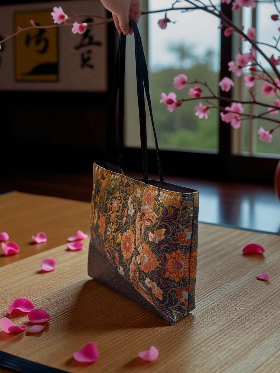 Japanese Kimono Obi Tote Bag -  Gold and Orange Pattern - Black handle