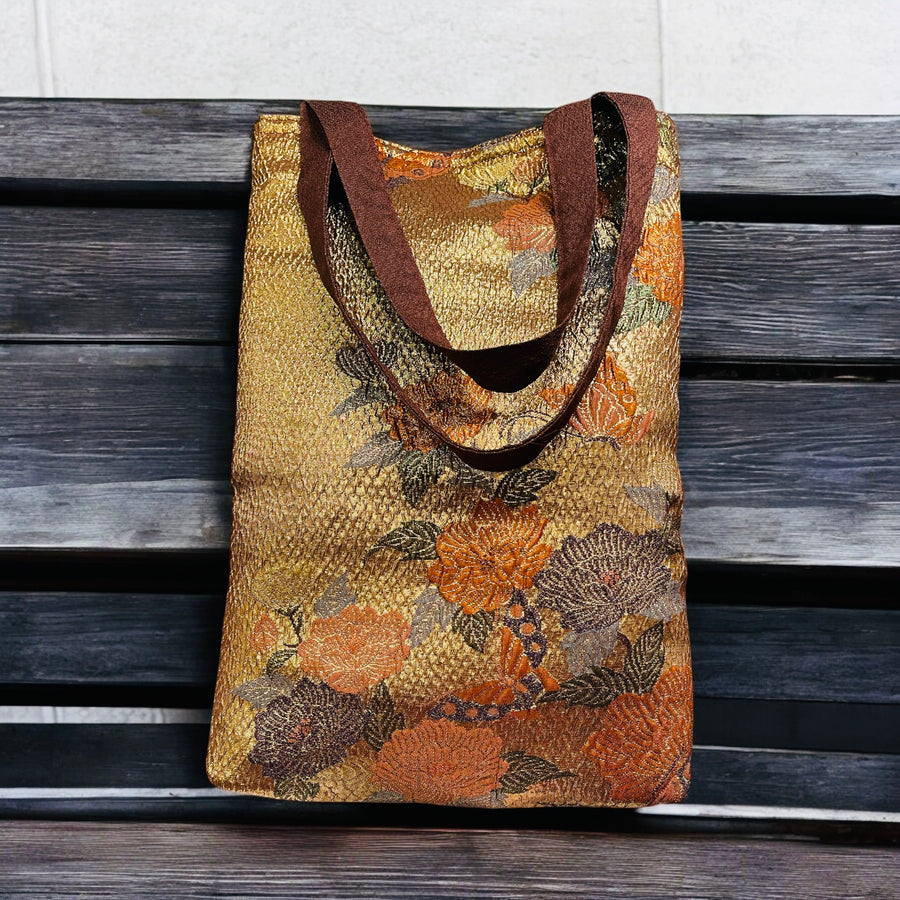 Japanese Kimono Tote Bag - Gold base and flora/butterfly patterns