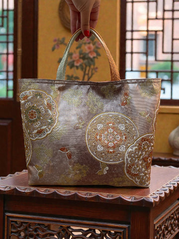 Japanese Kimono Obi Tote Bag -  Shimmer Celebrational Pattern - Pale Orange Ombre handle