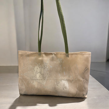 Kimono Obi tote bag - Silver pattern sheer with green handle