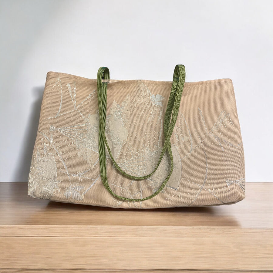 Kimono Obi tote bag - Silver pattern sheer with green handle