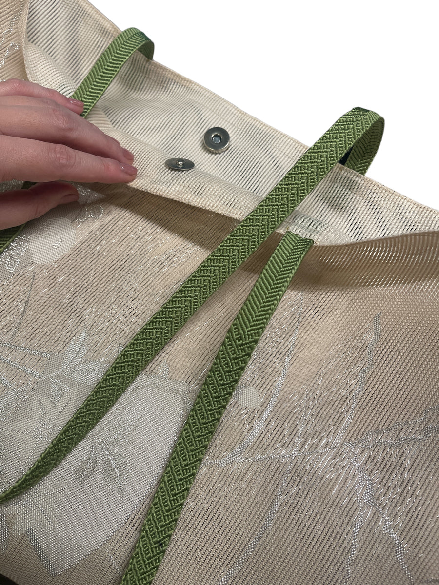 Kimono Obi tote bag - Silver pattern sheer with green handle