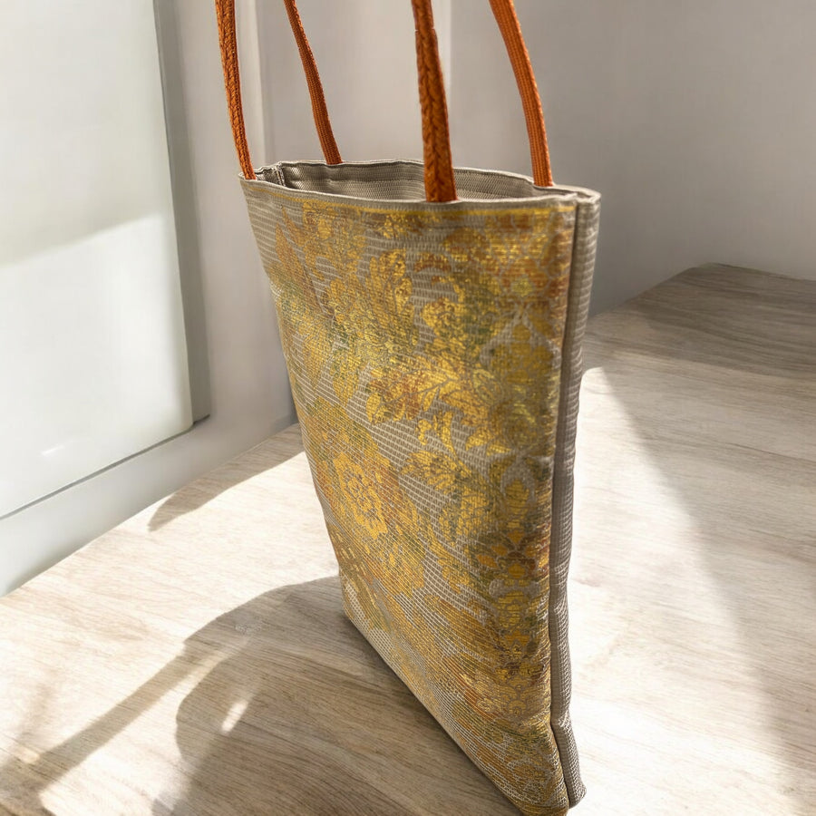 Kimono Obi tote bag - Gold pattern and orange handle