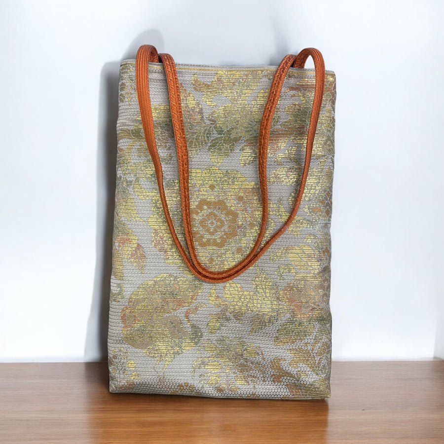 Kimono Obi tote bag - Gold pattern and orange handle