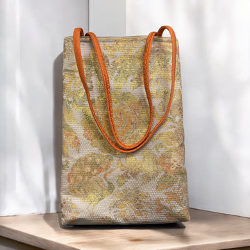 Kimono Obi tote bag - Gold pattern and orange handle