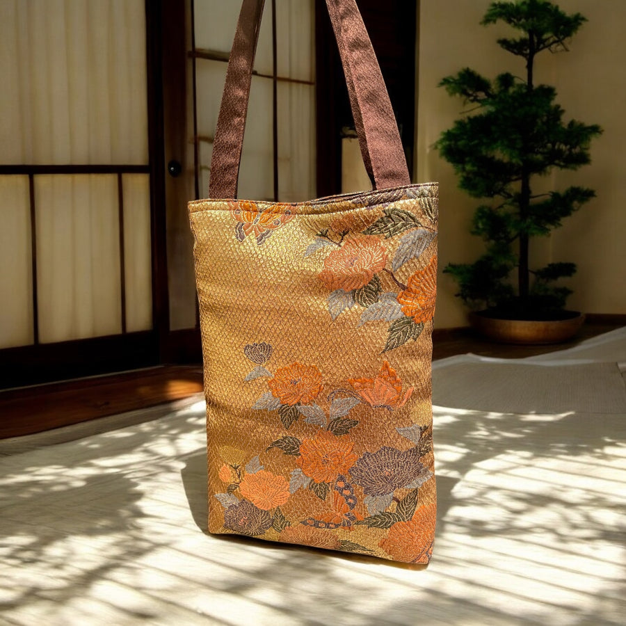 Japanese Kimono Tote Bag - Gold base and flora/butterfly patterns