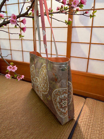 Japanese Kimono Obi Tote Bag -  Shimmer Celebrational Pattern - Pink and Silver handle