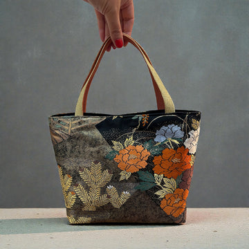 Japanese Kimono Handbag - Black and Gold Floral - Gold and Pink Handle