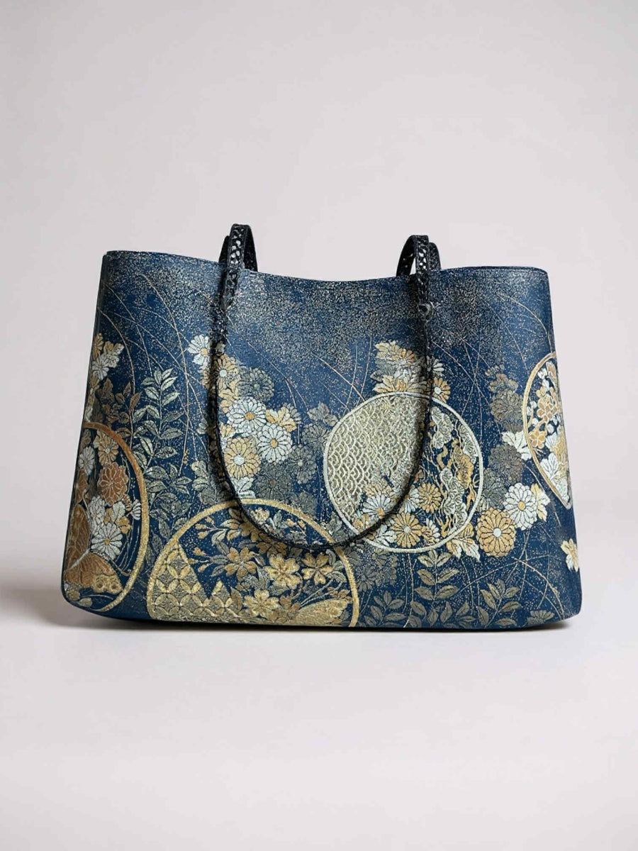 Japanese Kimono Obi Tote Bag -  Black and Gold Pattern - Black Handle