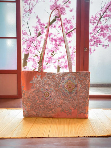 Japanese Kimono Obi Tote Bag -  Pink Floral - Pink and White Handle
