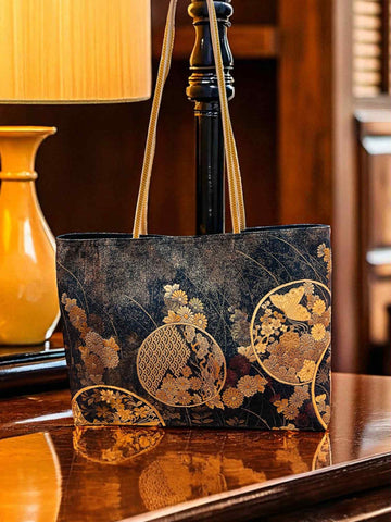 Japanese Kimono Obi Tote Bag -  Black and Gold Pattern - White and Gold Handle