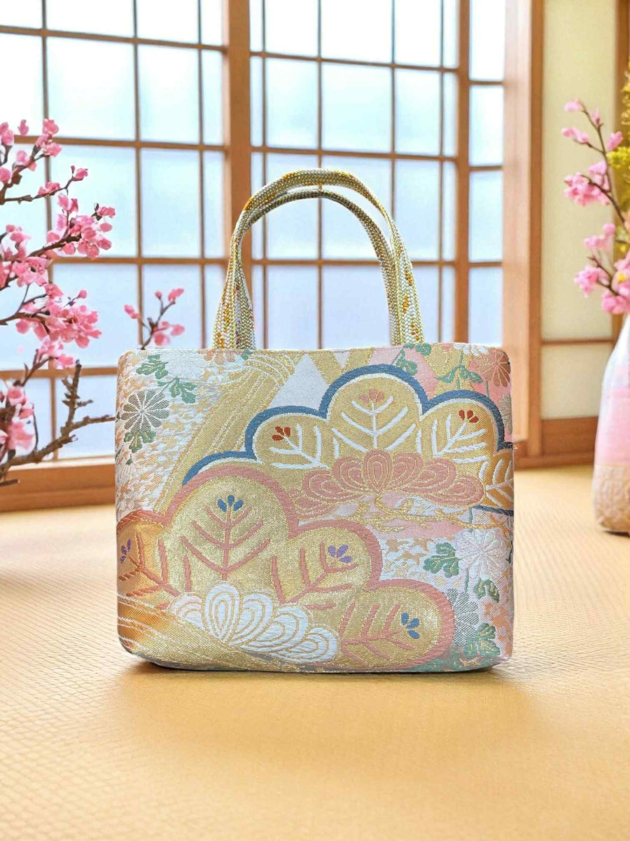 Japanese Kimono Handbag - Spring Celebration Pattern - Gold Handle