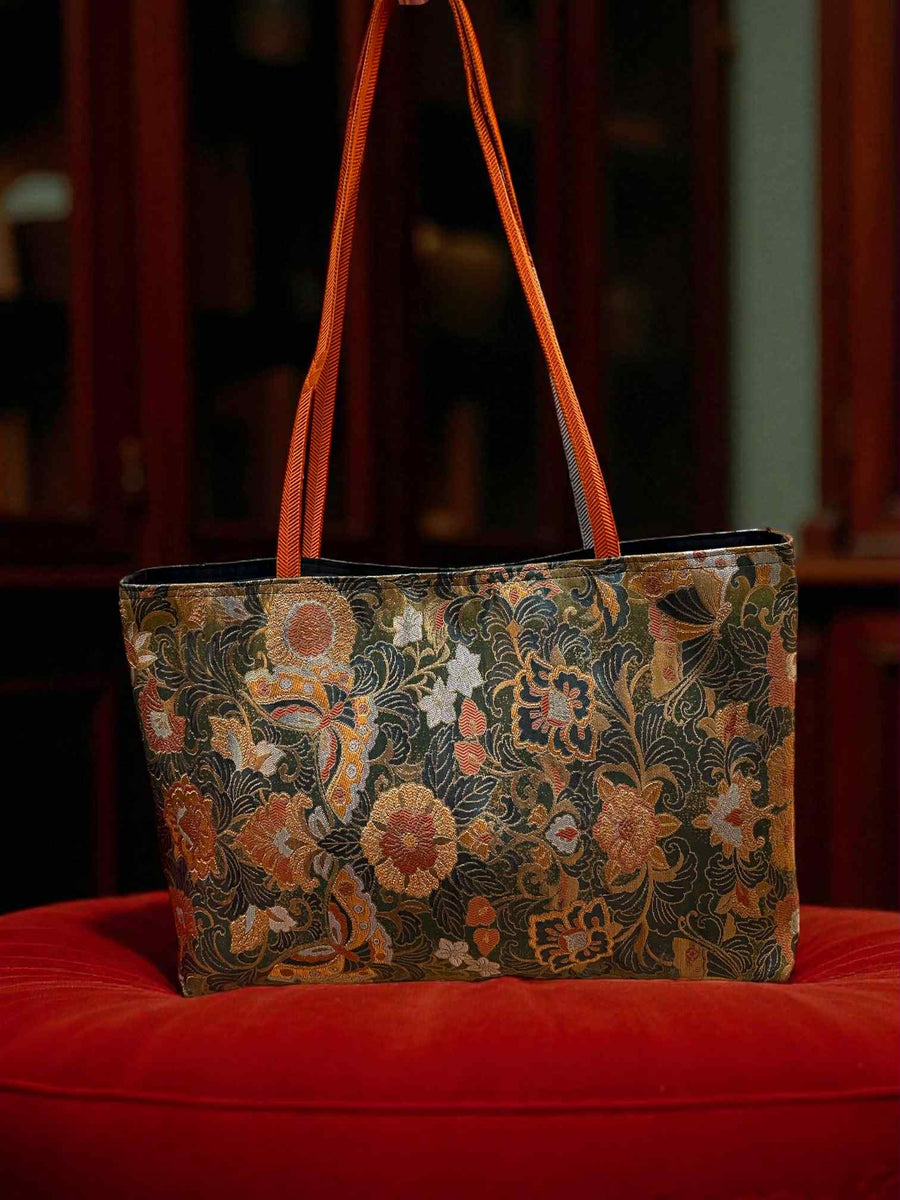 Japanese Kimono Obi Tote Bag -  Gold and Orange Pattern - Orange and Silver handle