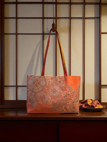Japanese Kimono Obi Tote Bag -  Pink Floral - Coral Pink and Mustard Yellow Handle