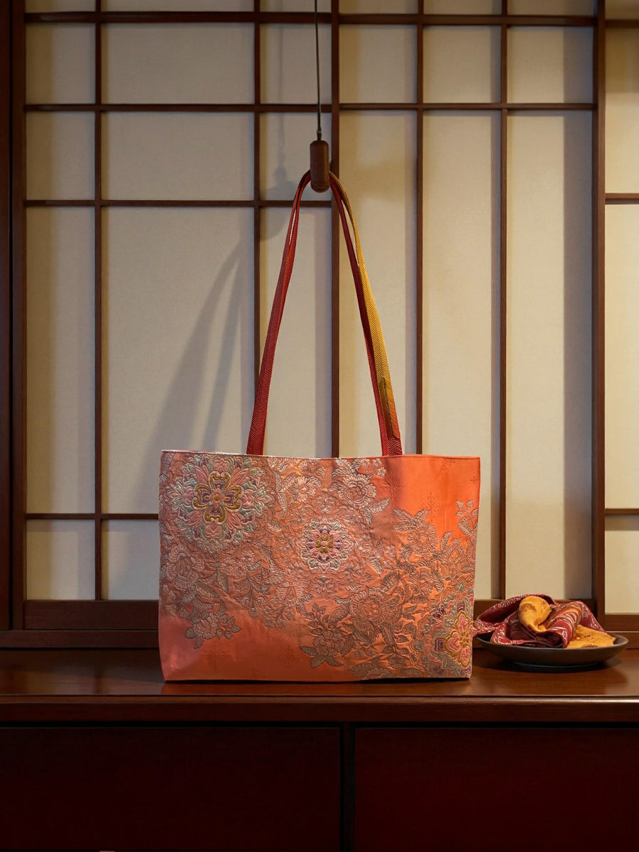 Japanese Kimono Obi Tote Bag -  Pink Floral - Coral Pink and Mustard Yellow Handle
