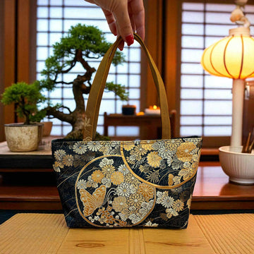 Japanese Kimono Handbag - Black and Gold Pattern - Brown and Gold Handle