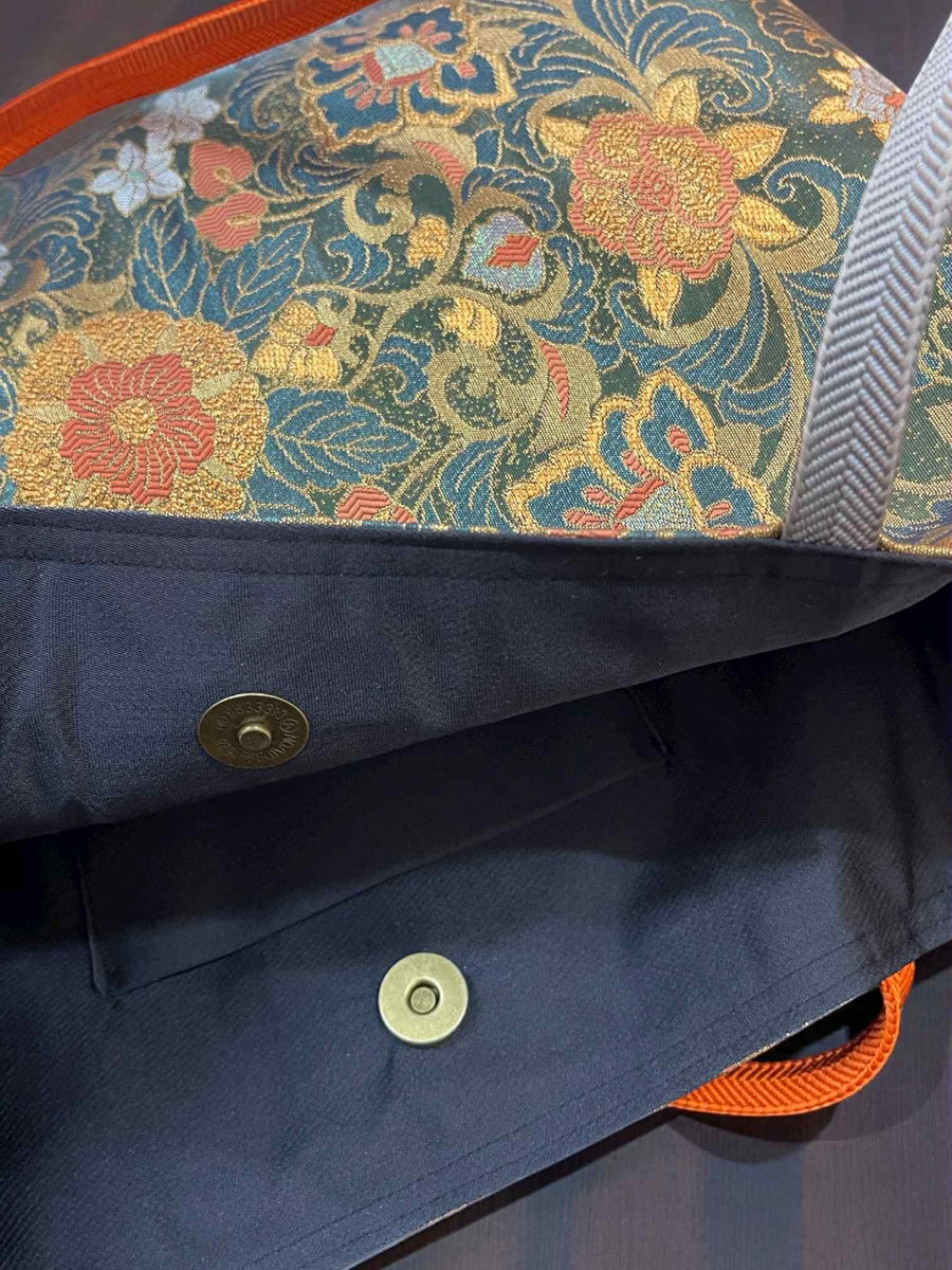 Japanese Kimono Obi Tote Bag -  Gold and Orange Pattern - Orange and Silver handle