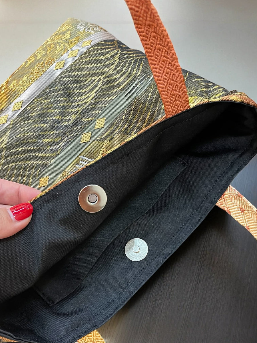 Japanese Kimono Handbag - Black Green and Gold Pattern - Burnt Orange Handle