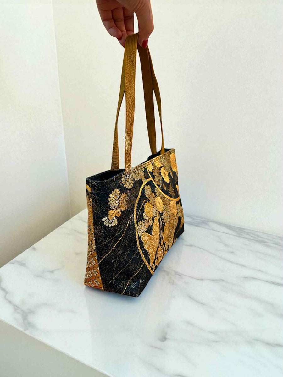 Japanese Kimono Handbag - Black and Gold Pattern - Brown and Gold Handle