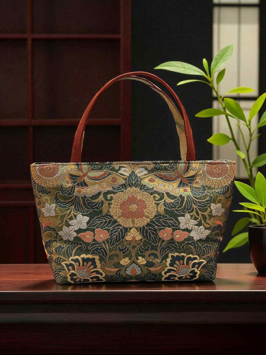 Japanese Kimono Handbag - Gold and Orange Pattern - Ochre Orange and Gold handle