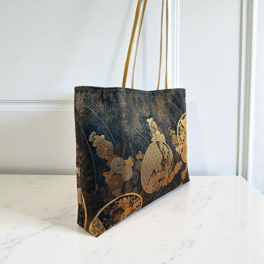 Japanese Kimono Obi Tote Bag -  Black and Gold Pattern - White and Gold Handle